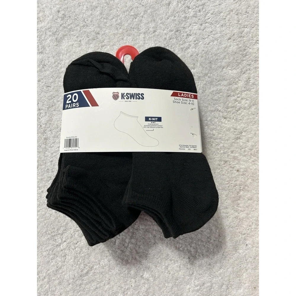 K-Swiss Ladies 9-11 Black Ankle Polyester Blend Socks 20 Pairs (B5)